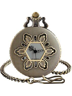 Men's White Vintage Chain Quartz Bronze Hexagon Necklace Halloween Pocket Watch